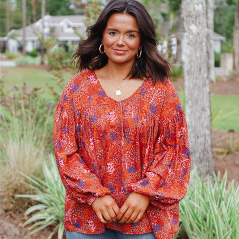 Rust Floral Puff Sleeve Babydoll Blouse